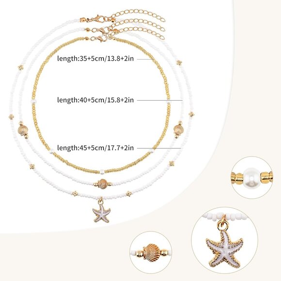 Bohemian Layered Beaded Necklace for Women Seashell Starfish Choker Jewelry - Picture 4 of 6